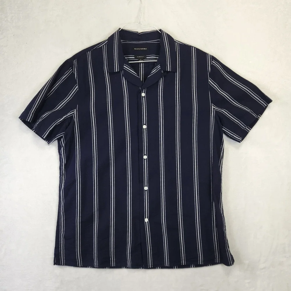 Banana Republic Mens Slim Fit Short Sleeve Striped Button‎ Up Shirt Navy Blue L